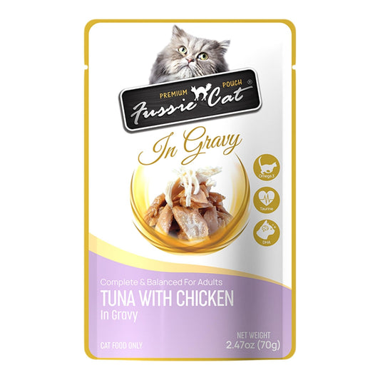 **Fussie Cat Premium Tuna with Chicken in Gravy 2.47oz. Pouch