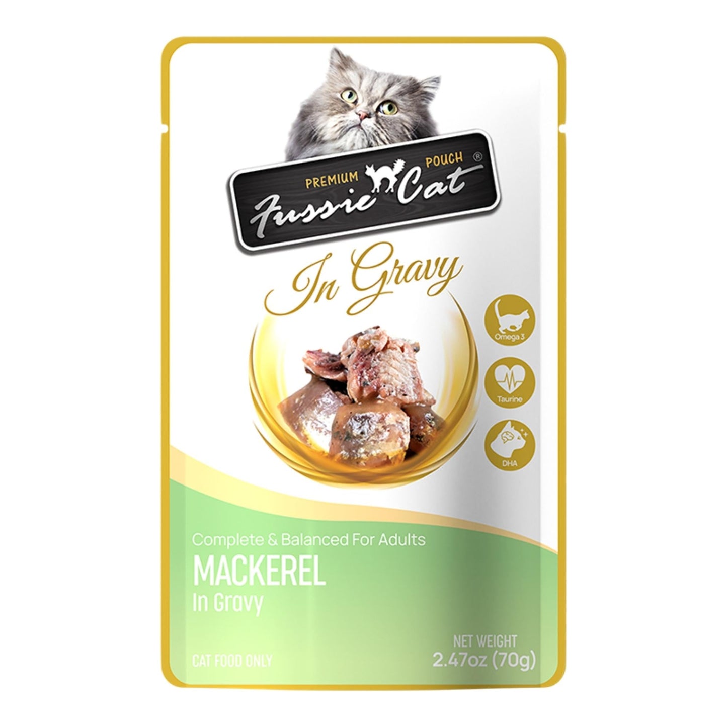 **Fussie Cat Premium Mackerel in Gravy 2.47 oz. Pouch